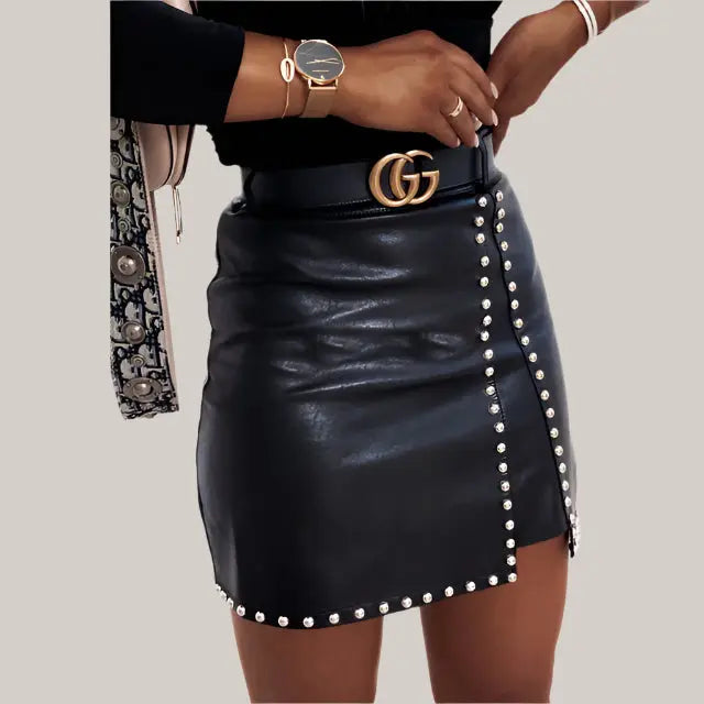 Elegant Fashion Rivets PU Leather Skirts Women Black