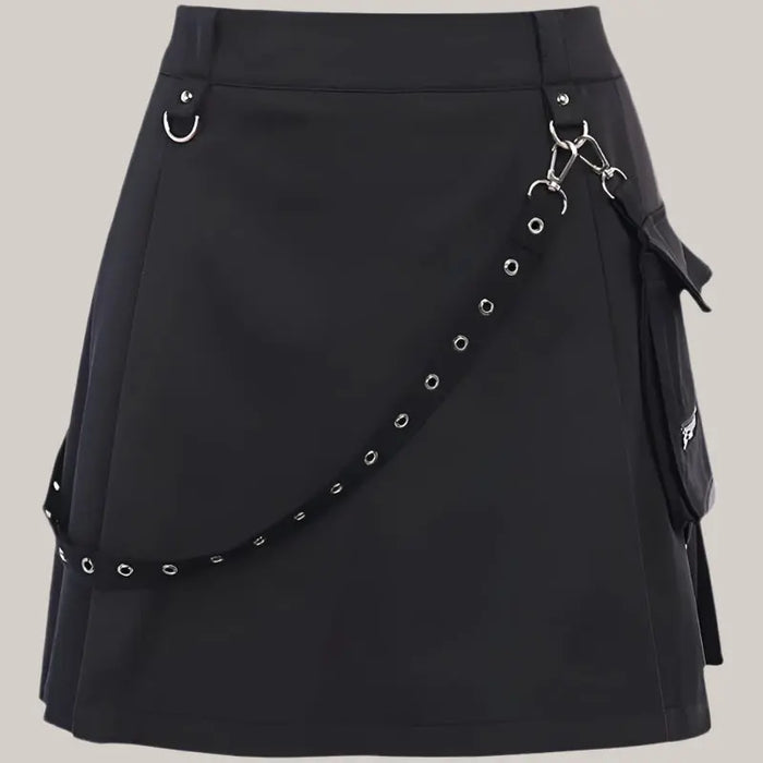 Strap Zipper Pleated Skirt Women Black