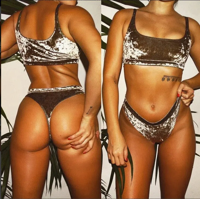 Two piece swimsuit bikinis velvet suit Brown