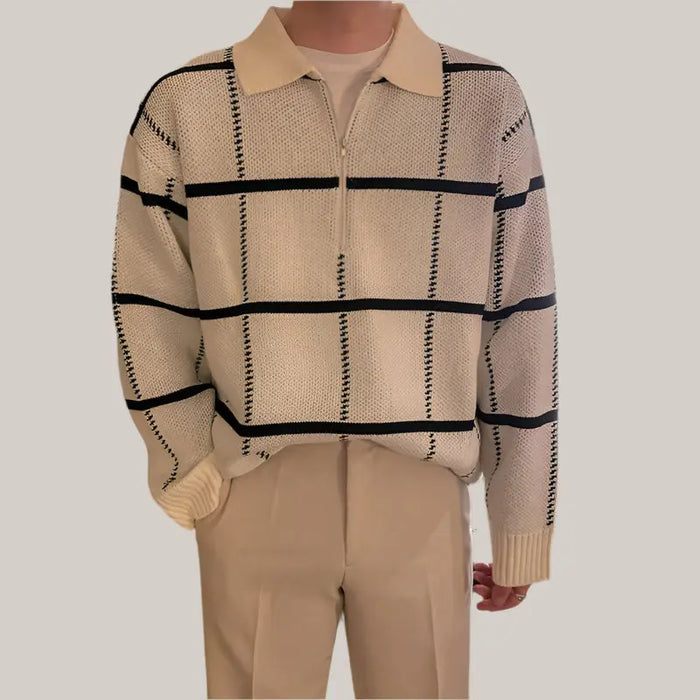 Check Lapel Knit Polo Shirt Men Khaki