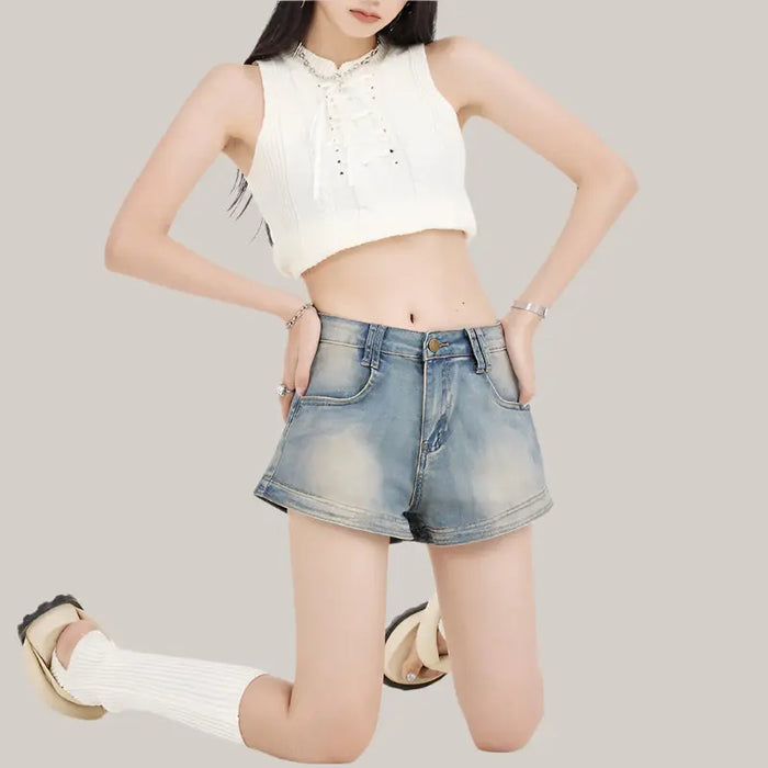 American Retro Denim Super Short Shorts Women Retro Blue