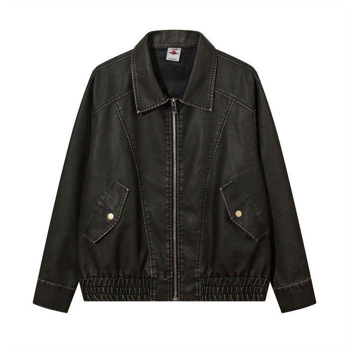 Distressed Lapel Pu Biker Jacket Men Black