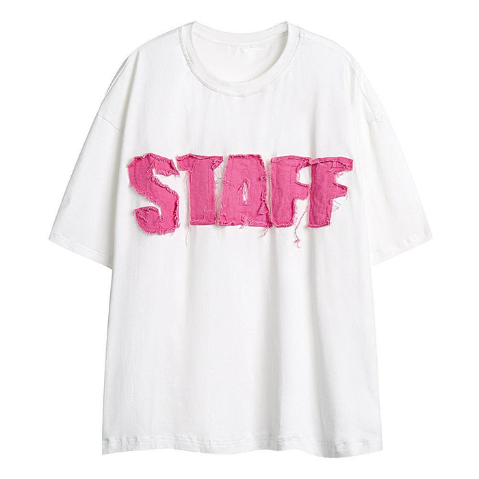 Letter Denim Patch Short Sleeve Men Clothing White