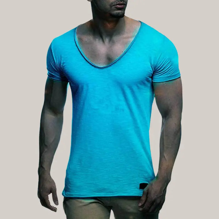 V Neck Short Sleeve Men t Shirt Sky Blue