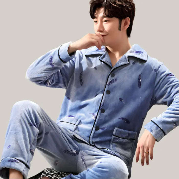 Men's Long-sleeved Flannel Warm Men's Pajamas Blue Feather K105