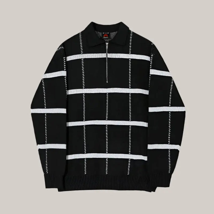 Check Lapel Knit Polo Shirt Men Black