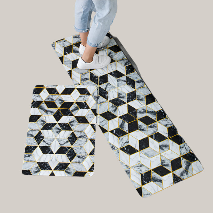 Geometric Woven Leather Kitchen Floor Mat Black