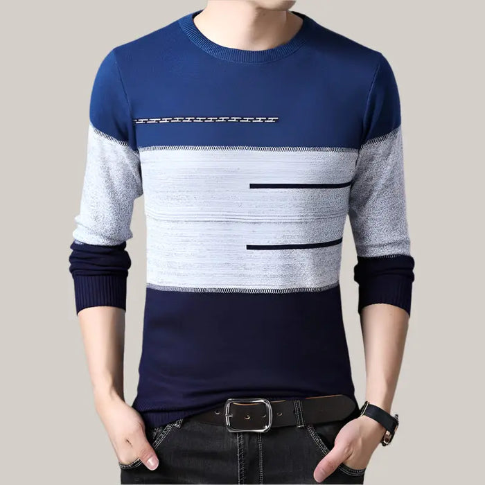 Winter Pullover Men Round Collar Dark Blue