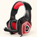 Red and black Hunterspider gaming headset with boom microphone on an ivory surface