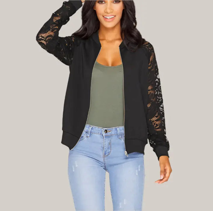 Lace Sleeve Women Basic Coats Black