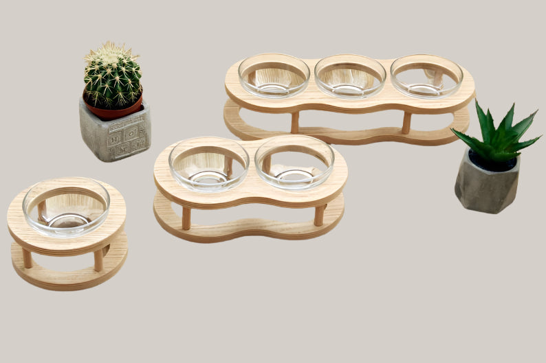 Wooden Raised Pet Bowl Stand with Glass Bowls
