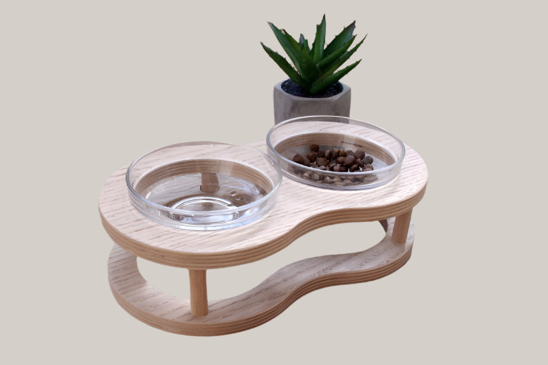 Wooden Raised Pet Bowl Stand with Glass Bowls M