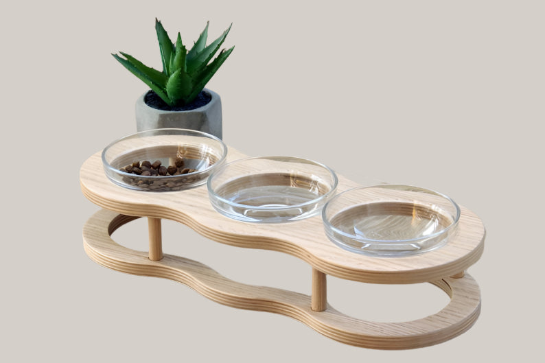 Wooden Raised Pet Bowl Stand with Glass Bowls L