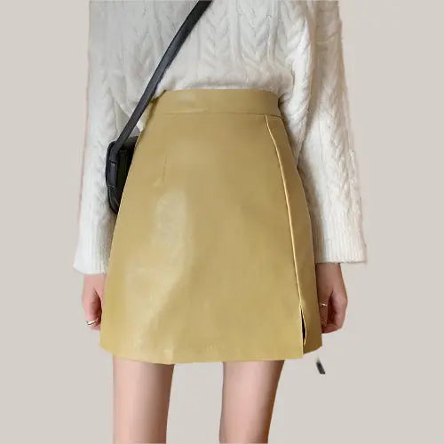 HOT Fashion Women Shiny Leather Skirts yellow