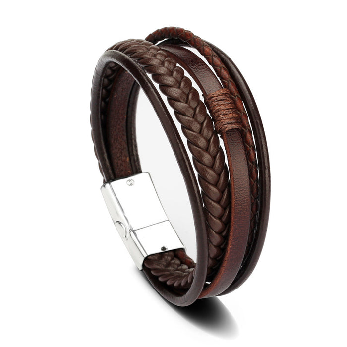 Men's Genuine Leather Classic Bracelet Brown silver