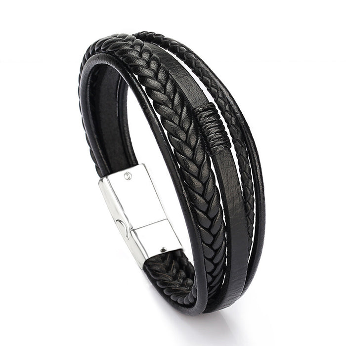 Men's Genuine Leather Classic Bracelet Black and silver