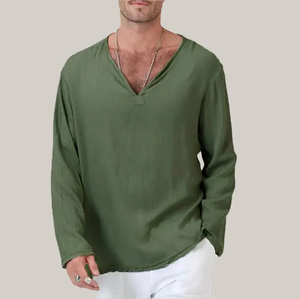 Cotton And Linen Ethnic Style Men's T-shirt Army Green