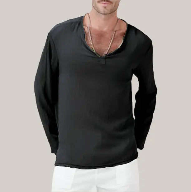 Cotton And Linen Ethnic Style Men's T-shirt Black