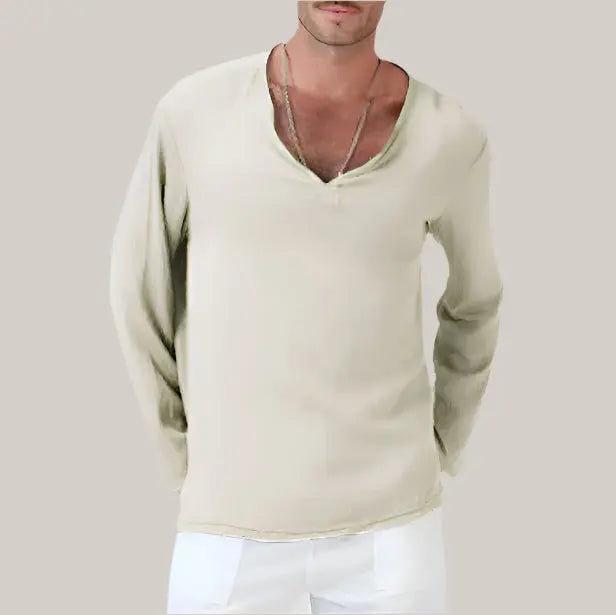 Cotton And Linen Ethnic Style Men's T-shirt Khaki