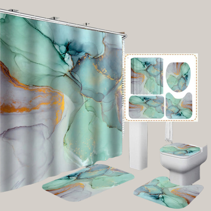 Modern 3D Shower Curtain and Bath Mat Set Green