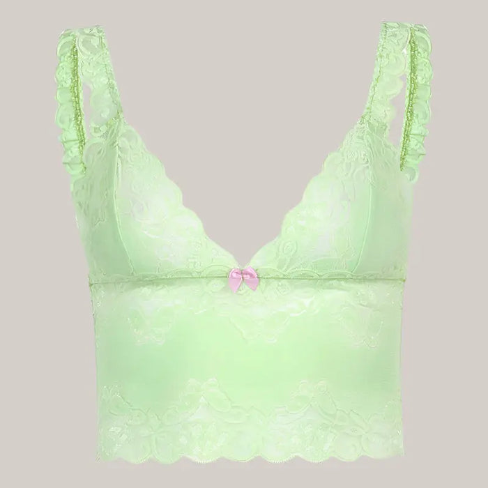 Green V-neck slim lace tank tops