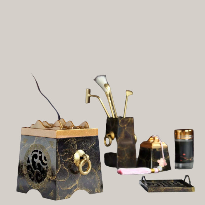 Chinese Copper Incense Ceremony Tool Set, 9 Pieces