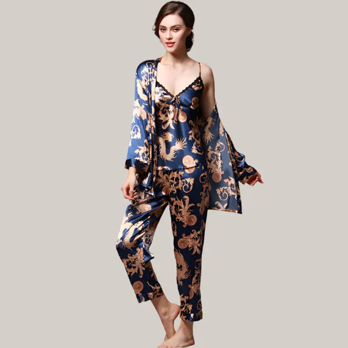 Three-piece silk pajamas for women Royal Blue