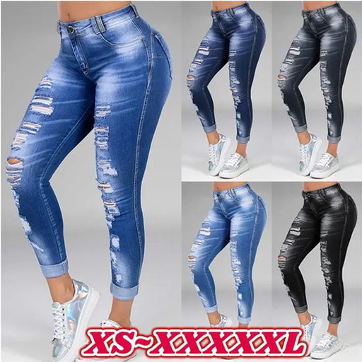 ripped holes show thin stretch jeans