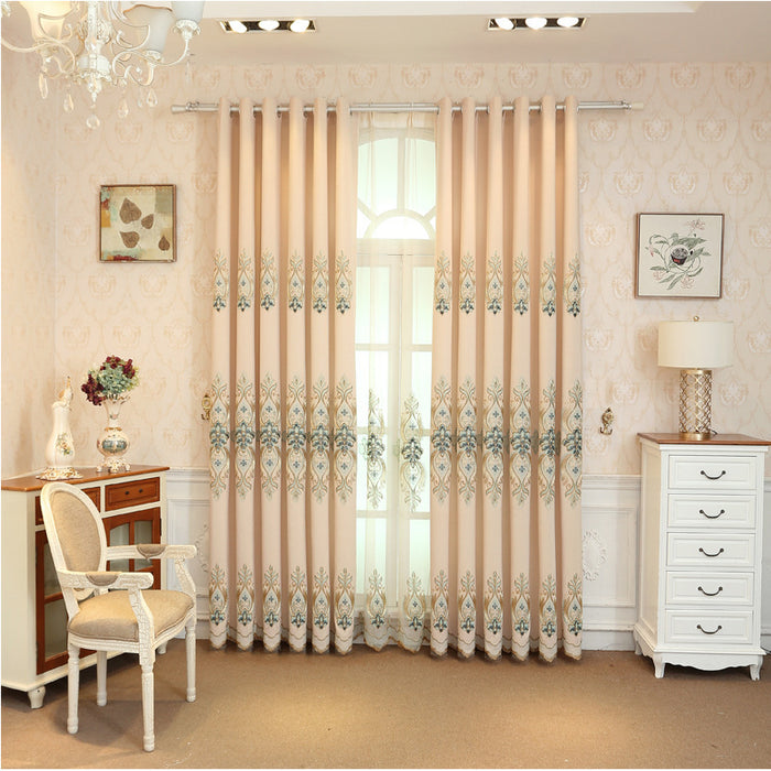 Embroidered Polyester Room-Darkening Curtain Fabric Beige