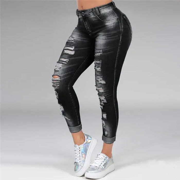 ripped holes show thin stretch jeans Black S