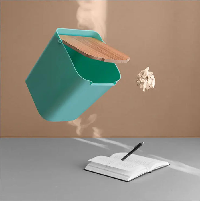 6L PP Swing-Top Trash Bin with Wooden Lid green