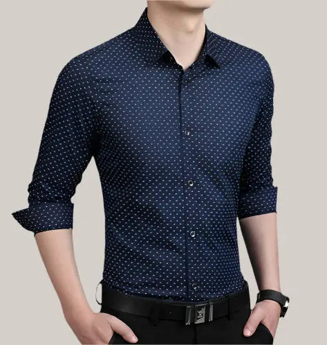 Male Shirt Long-Sleeves Tops Navy Blue