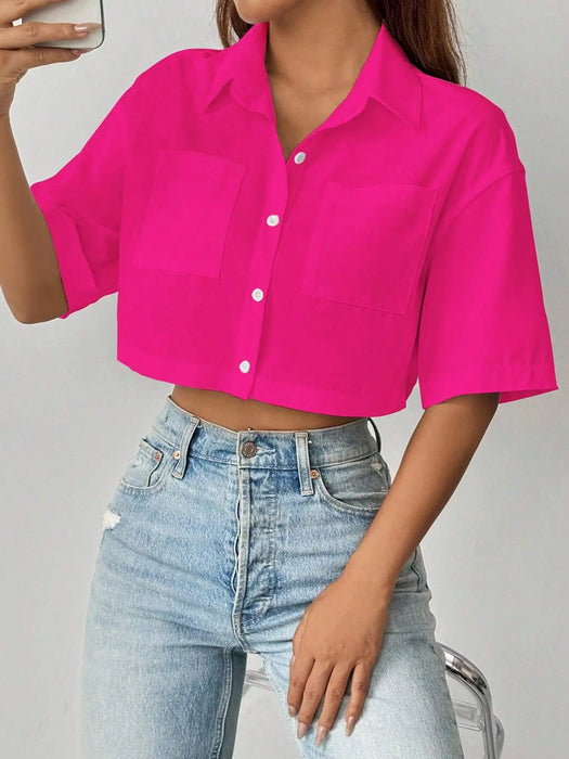 Shoulder Pocket Patched Crop Shirt Hot Pink