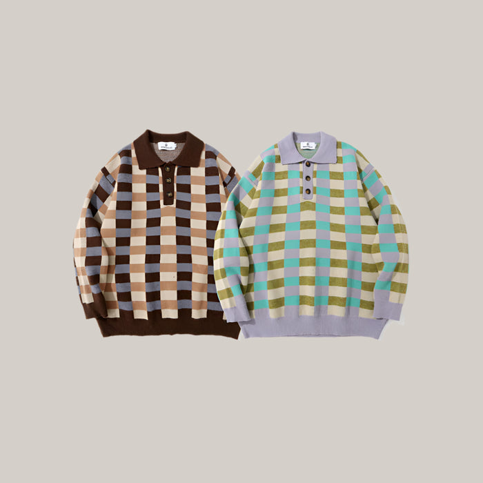Checkered Polo Collar Sweater For Men