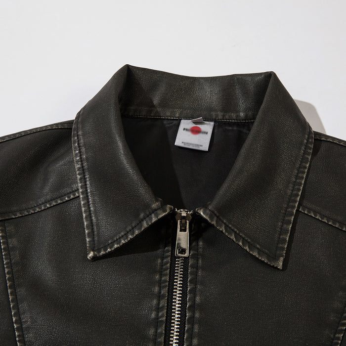 Distressed Lapel Pu Biker Jacket Men