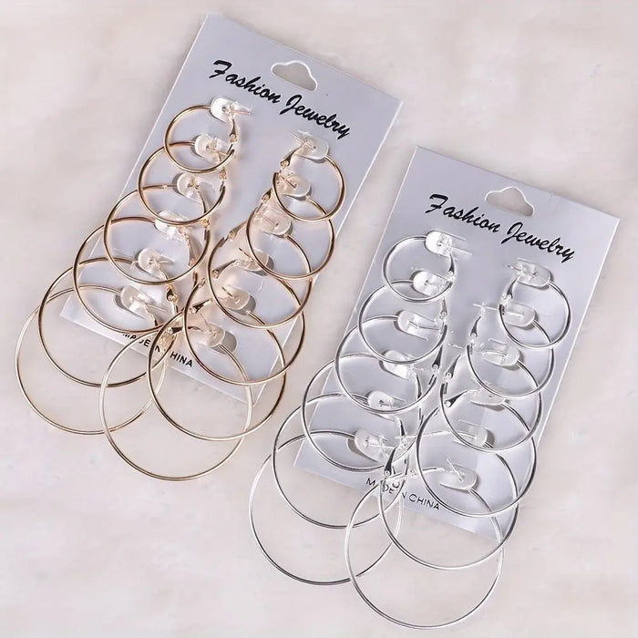 Electroplated Iron Hoop Earring Set – 6 or 12 Pairs Gold Silver 12 Pairs Suit