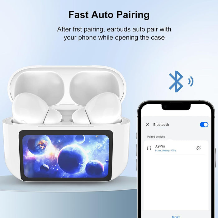 A9Pro Smart Touch Screen Wireless Earbuds – Bluetooth 5.4, ANC/ENC, Hi-Fi Sound