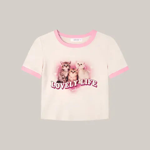 Lovely Cartoon Print Crop T-shirts Female Beige apricot