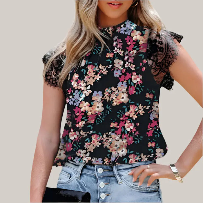 Floral Print Chiffon Blouses For Women Black