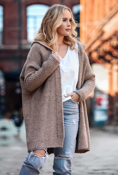 Women’s Knitted Hooded Cardigan – Loose Batwing Sleeve Winter Sweater