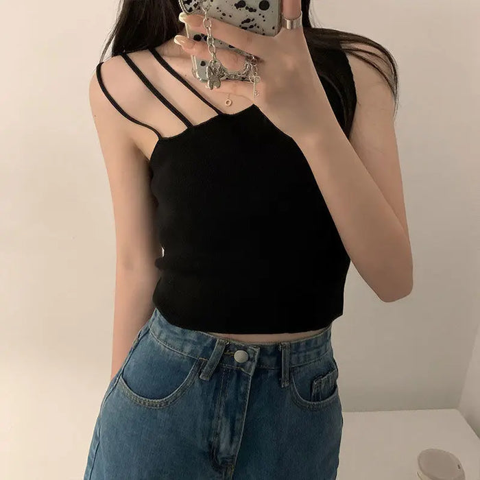Sexy slanted shoulders crop tops Black One size