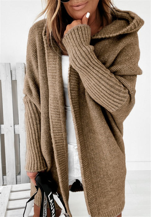 Women’s Knitted Hooded Cardigan – Loose Batwing Sleeve Winter Sweater
