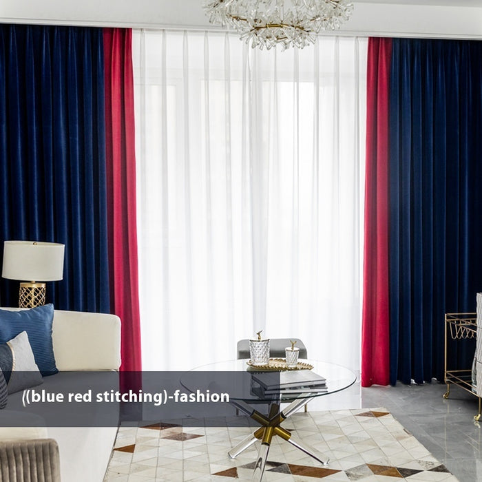 Modern Flannel Room-Darkening Curtain Panel Blue And Red Stitching