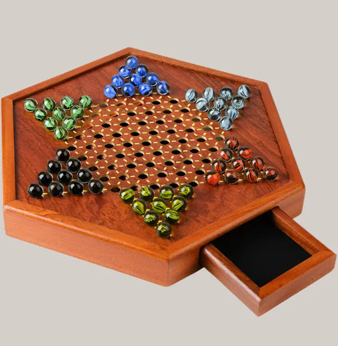 Wooden Chinese Checkers Set with Glass Marbles – 2 Styles Hexagon checkers drawer
