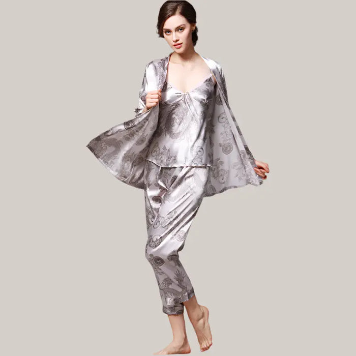 Three-piece silk pajamas for women Grey