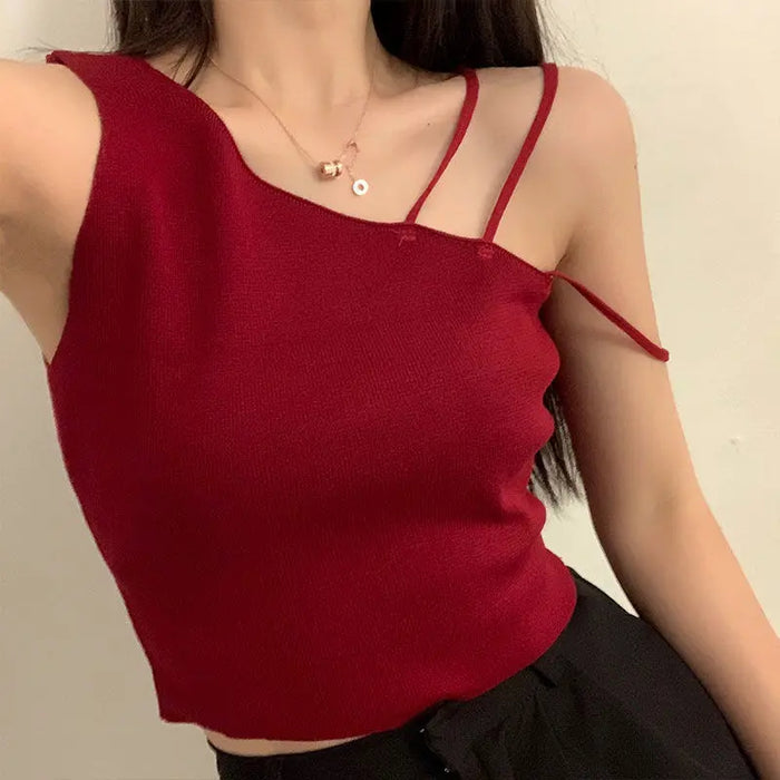 Sexy slanted shoulders crop tops Red One size