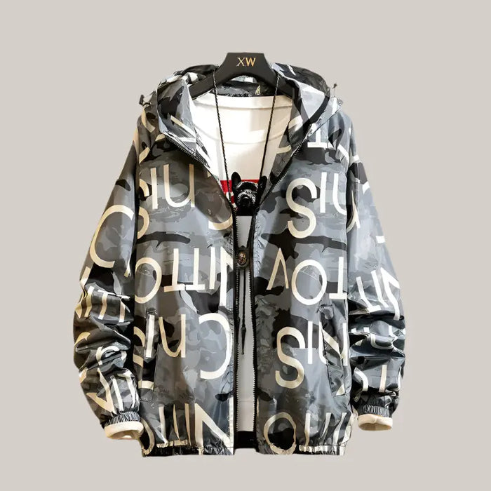Men Casual Streetwear Hooded Printing Coats Grey word