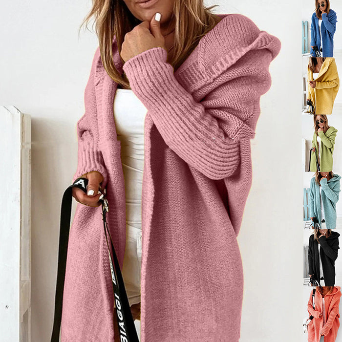 Women’s Knitted Hooded Cardigan – Loose Batwing Sleeve Winter Sweater
