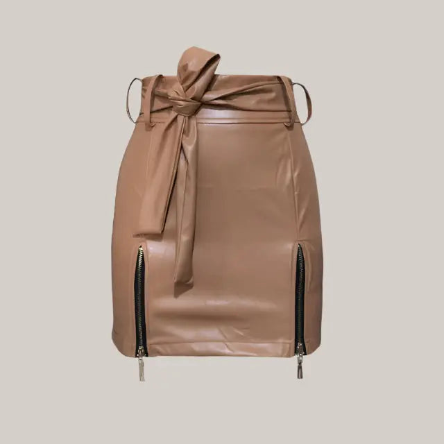 Bandage PU Leather Mini Skirts Khaki