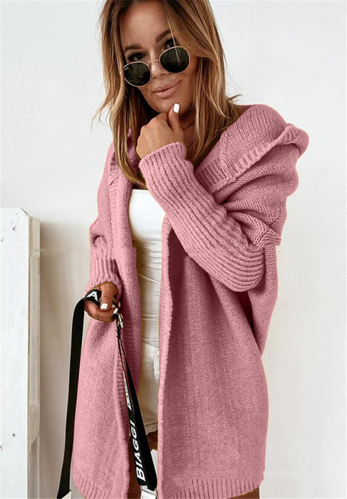 Women’s Knitted Hooded Cardigan – Loose Batwing Sleeve Winter Sweater